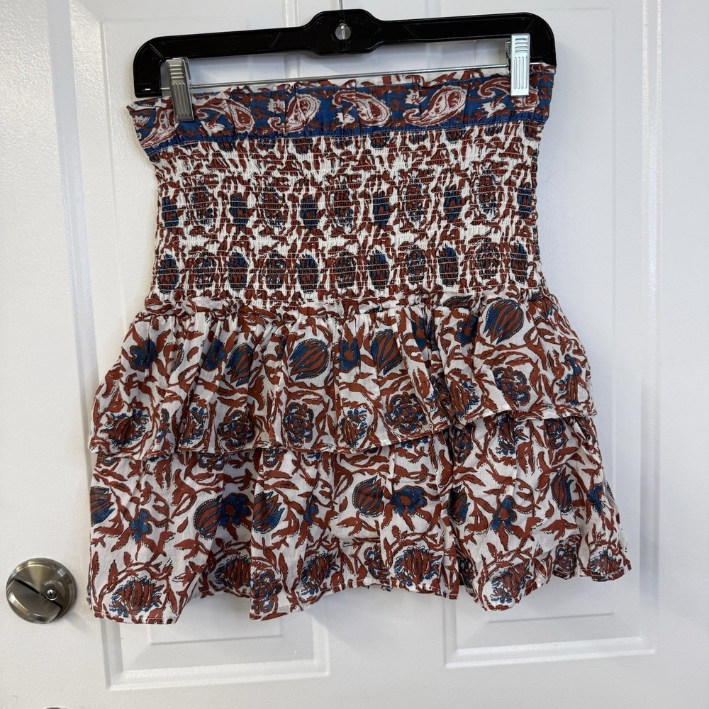 House of Harlow 1960 Burgundy Navy Floral Tiered Ruffle Boho Mini Skirt Sz S